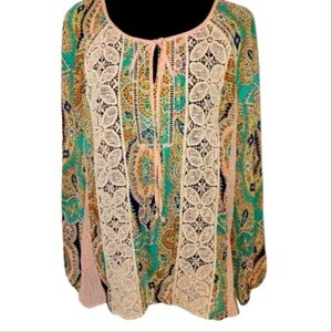 Meadow Rue Anthropologie Crochet Lace Trim Boho Blouse Top Sz Lg Green Ivory